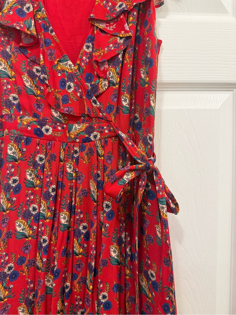 Anthropologie Red Floral Wrap Dress with Ruffle Sleeves